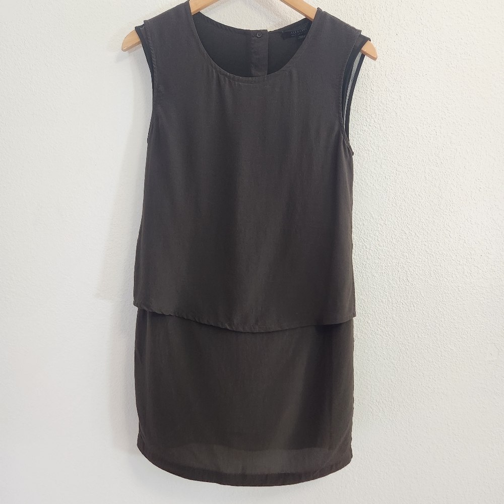 Allsaints Dress Womens 0 Brown Silk Mini Tiered Layered Anya Short Event Career